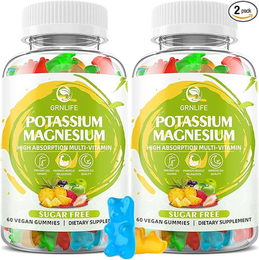 Potassium Magnesium Supplement Gummies, Potassium Gummies for Adults Kids, High Absorption Magnesium Glycinate for Leg Cramps & Immune Health, Sugar-Free, Vegan Mixed Flavors, 120 Count