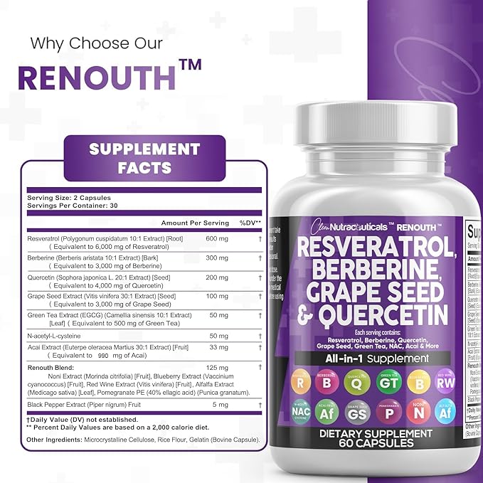 Resveratrol 6000mg Berberine 3000mg Grape Seed Extract 3000mg Quercetin 4000mg Green Tea Extract - Polyphenol Supplement for Women and Men with N-Acetyl Cysteine, Acai Extract - 60 Capsules