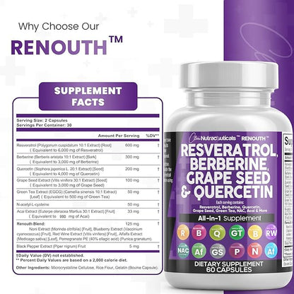 Resveratrol 6000mg Berberine 3000mg Grape Seed Extract 3000mg Quercetin 4000mg Green Tea Extract - Polyphenol Supplement for Women and Men with N-Acetyl Cysteine, Acai Extract - 60 Capsules