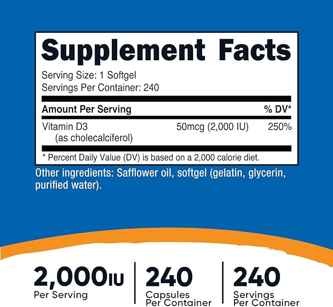 Nutricost Vitamin D3 2000 iu Softgels, 240 Softgels - Non-GMO & Gluten Free