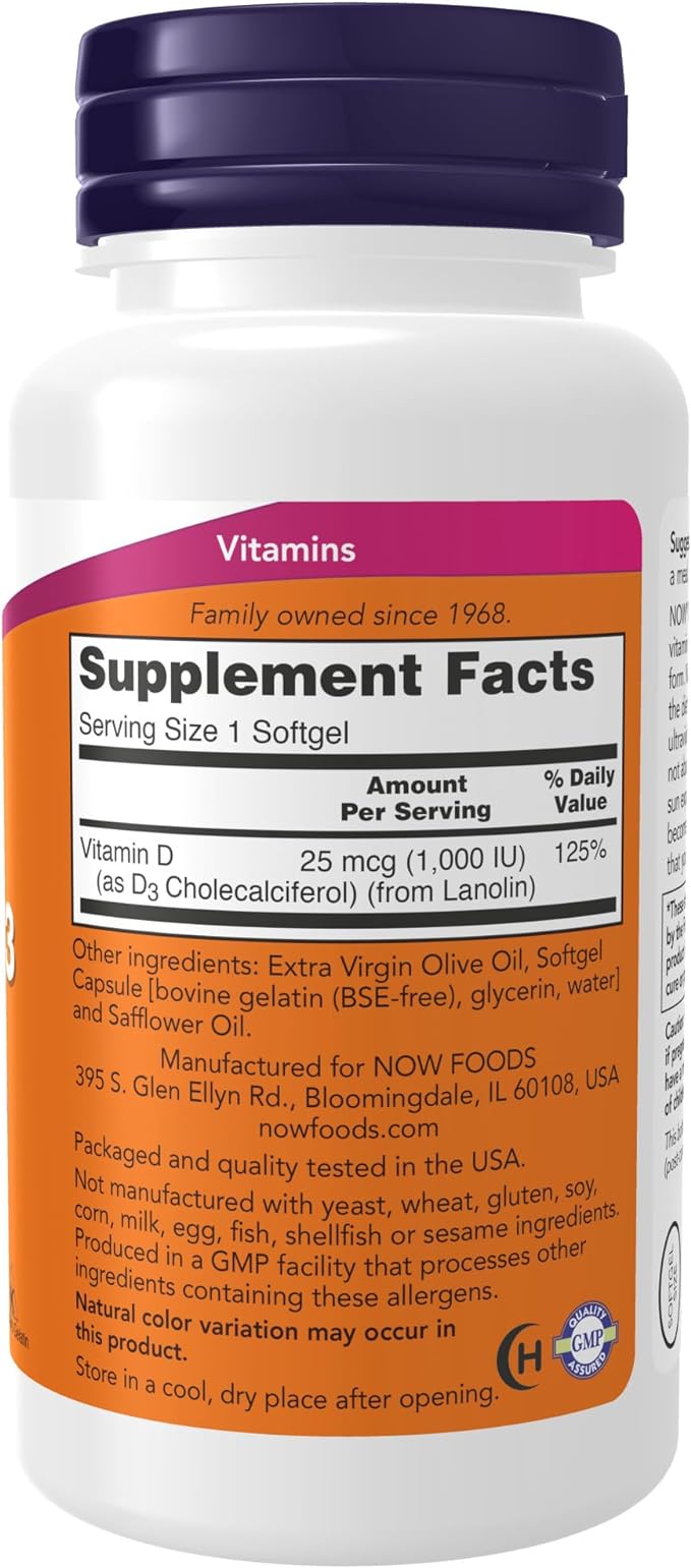 NOW Supplements, Vitamin D-3 1,000 IU, High Potency, Structural Support*, 180 Softgels