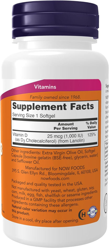 NOW Supplements, Vitamin D-3 1,000 IU, High Potency, Structural Support*, 180 Softgels