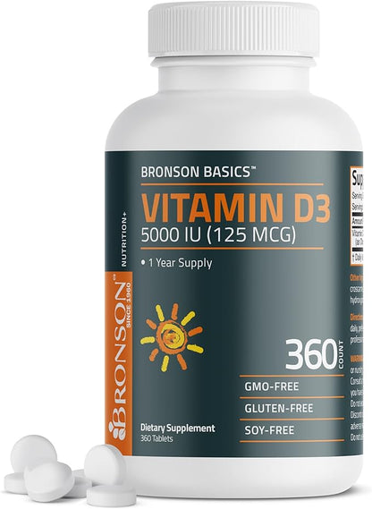 Bronson Vitamin D3 5,000 IU (125 MCG) 1 Year Supply for Healthy Muscle Function and Immune Support, Non-GMO, 360 Tablets