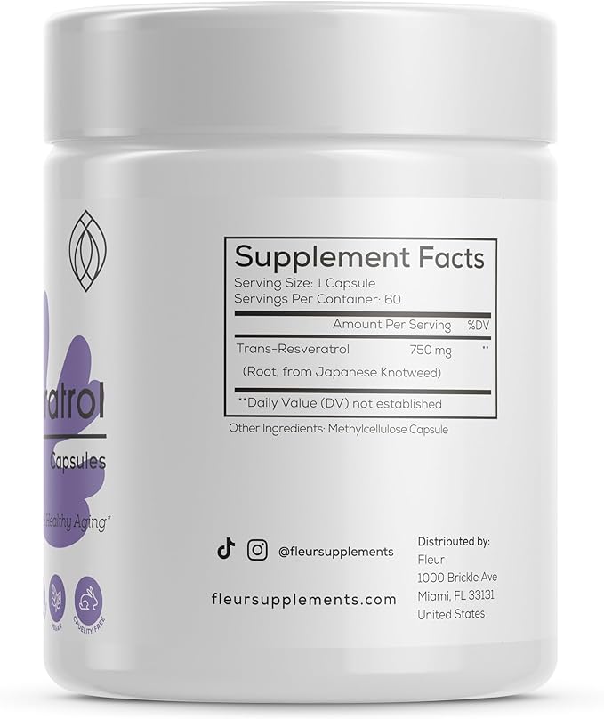 FLEUR Resveratrol Supplement, Extra Strength Trans Resveratrol for Immune Support, Antioxidant Supplement for Youthful Aging, Cardiovascular Support, Joint Support, Brain Function, 750mg, 60Ct