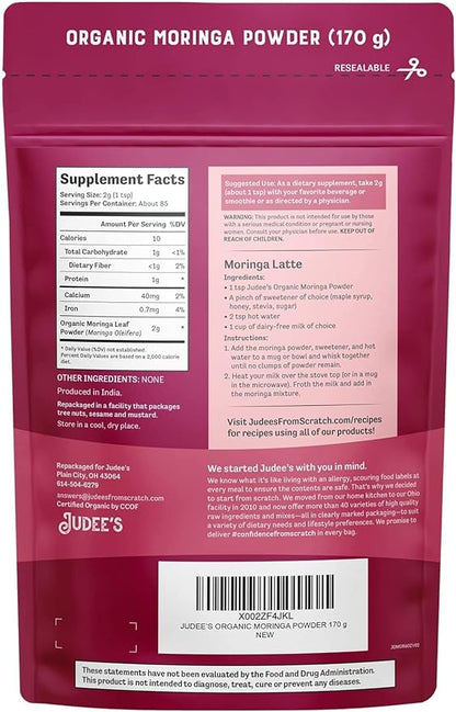 Judee's Organic Moringa Powder 6 oz - Non-GMO - Gluten-Free and Keto-Friendly - Blends Well in Smoothies and Protein Shakes - Mix into Juice, Tea, or Lattes