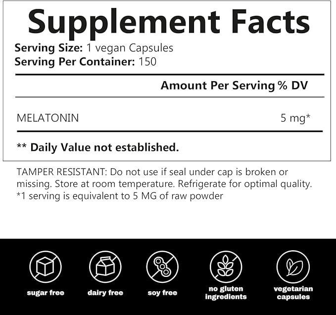 Melatonin 5 MG 150 Capsules | Dietary Supplement | Extra Strength Natural Formulation | Support Strength & Energy