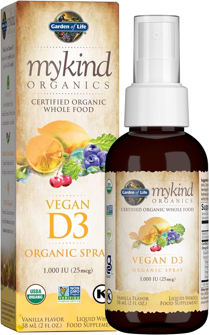 Garden of Life mykind Organics Vegan Vitamin D3 for Women and Men, Liquid 1000 IU Per Spray, D3 Plus Omegas - Vanilla Flavor - 125 Servings - 2fl oz Liquid Whole Food D3 Vitamin Supplement