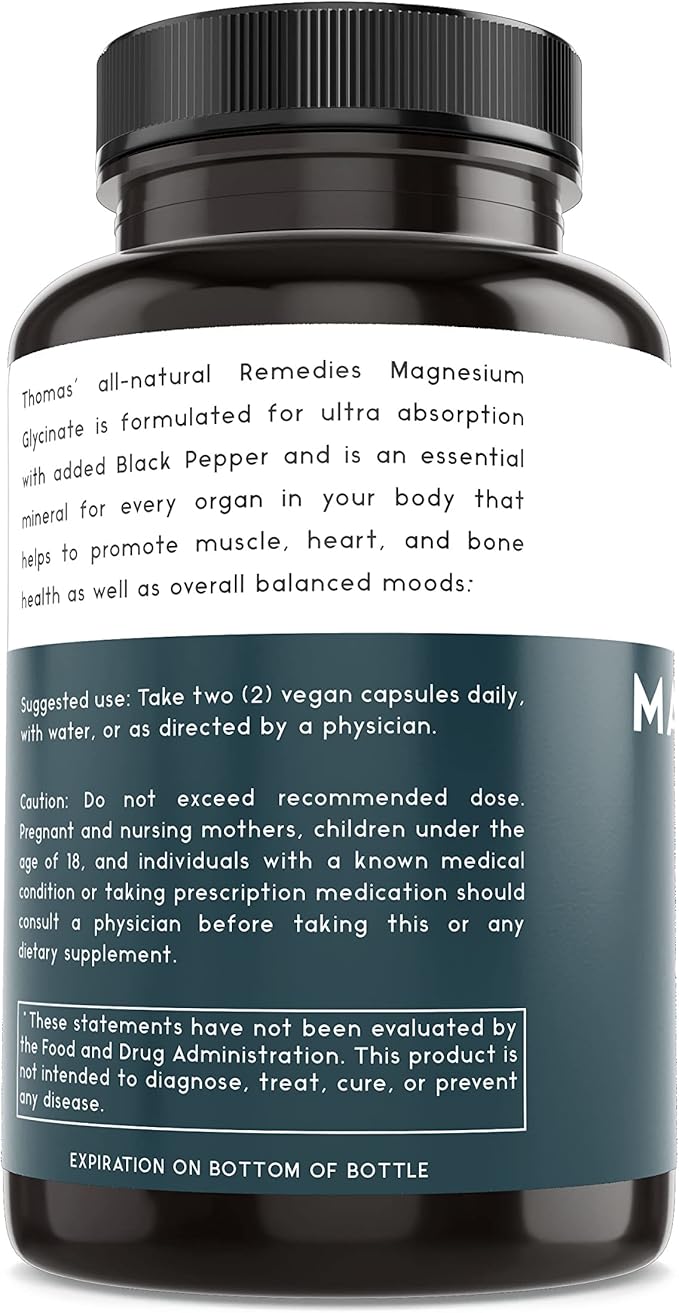 Thomas' all-natural Remedies Magnesium Glycinate Supplements, High Absorption, Dietary Supplements for Muscle and Bone Support, Non-GMO, No Fillers, 60 Vegan Capsules