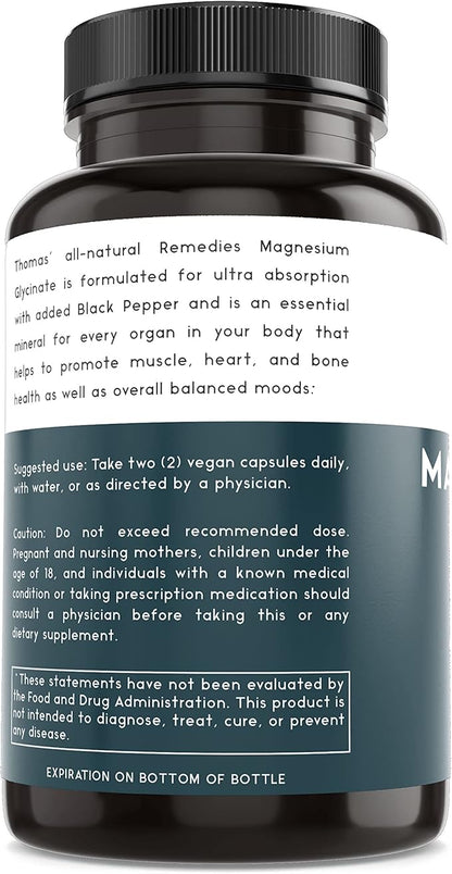 Thomas' all-natural Remedies Magnesium Glycinate Supplements, High Absorption, Dietary Supplements for Muscle and Bone Support, Non-GMO, No Fillers, 60 Vegan Capsules