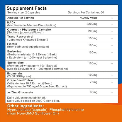 2200mg Liposomal Nad+Supplement,Nad Supplement with Resveratrol+Berberine,Nicotinamide Adenine Dinucleotide,Enhances Mitochondrial Function Old, Contributes to Heart Health, Anti-Aging 60 Capsules(3)