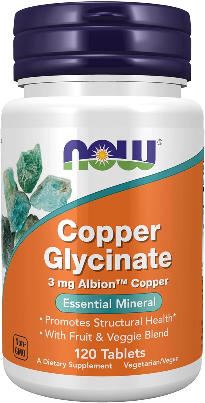 NOW Supplements, Copper Glycinate with 3mg Albion Copper, Promotes Structural Health*, 120 Tablets, Light Gray, Tan