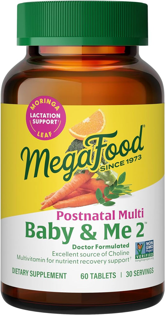 MegaFood Baby & Me 2 Postnatal Vitamins for Breastfeeding Moms with Folate (Folic Acid Natural Form), Choline, Iodine, Vitamin D, Moringa Leaf and More - 60 Tabs (30 Servings)