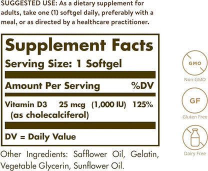 Solgar Vitamin D3 (Cholecalciferol) 25 mcg (1000 IU), 100 Softgels - Helps Maintain Healthy Bones & Teeth - Immune System Support - Non-GMO, Gluten Free, Dairy Free - 100 Servings