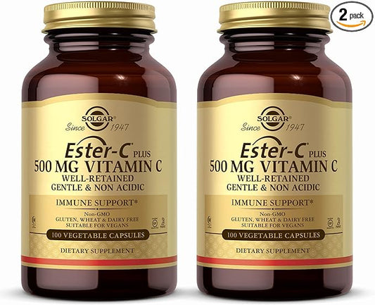 SOLGAR Ester-C Plus 500 mg Vitamin C (Ascorbate Complex) - 100 Vegetable Capsules, Pack of 2 - Antioxidant & Immune Support - Non GMO, Vegan, Gluten Free, Kosher - 200 Total Servings