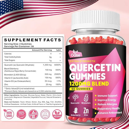 Quercetin Gummies 1200mg - Quercetin with Vitamin C and Zinc, Bromelain, Elderberry, Vitamin D3 - Quercetin Supplements for Kids and Adults Immunity & Allergy Support