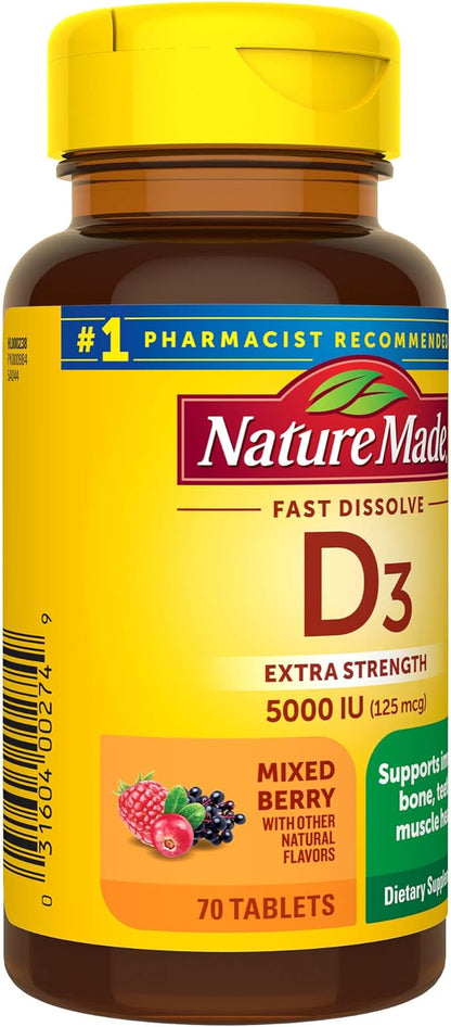 Nature Made Extra Strength Vitamin D3 5000 IU (125 mcg), Vitamin D Supplement for Bone, Teeth, Muscle, Immune Health Support, 70 Sugar Free Fast Dissolve Tablets, 70 Day Supply