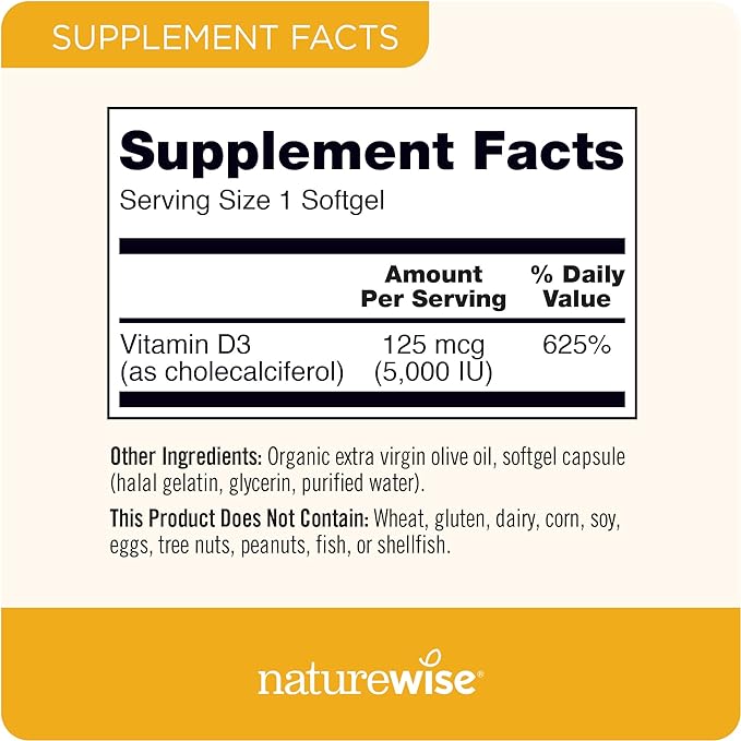 NatureWise Vitamin D3 5000iu (125 mcg) Healthy Muscle Function, and Immune Support, Non-GMO, Gluten Free in Cold-Pressed Olive Oil, Packaging Vary ( Mini Softgel), 90 Count