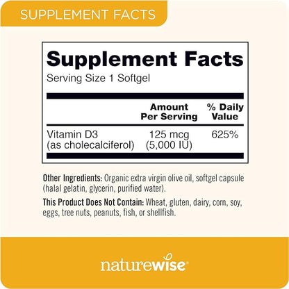 NatureWise Vitamin D3 5000iu (125 mcg) Healthy Muscle Function, and Immune Support, Non-GMO, Gluten Free in Cold-Pressed Olive Oil, Packaging Vary ( Mini Softgel), 90 Count