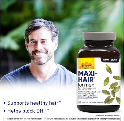 Country Life Maxi-Hair for Men with Saw Palmetto, DIM & Biotin, Hair Support, 60 Softgels, Certified Gluten Free