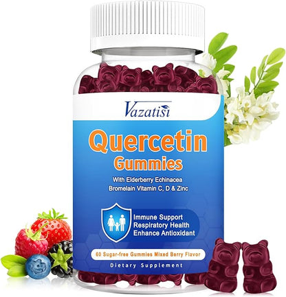 Quercetin Gummies for Kids, Adults Women Men, 1200mg Organic Quercetin with Bromelain Elderberry Vitamin C Zinc Echinacea Immune Support Supplement, Mixed Berry Flavor, 60Ct