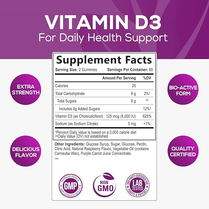 Vitamin D3 Gummies 5,000 IU 125 mcg - Extra Strength to Support Bone Health and Natural Immune Support - Delicious, Non-GMO, Tasty Gummy for Children, Adults, and Seniors - 120 Gummies