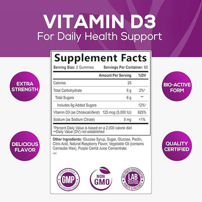 Vitamin D3 Gummies 5,000 IU 125 mcg - Extra Strength to Support Bone Health and Natural Immune Support - Delicious, Non-GMO, Tasty Gummy for Children, Adults, and Seniors - 120 Gummies