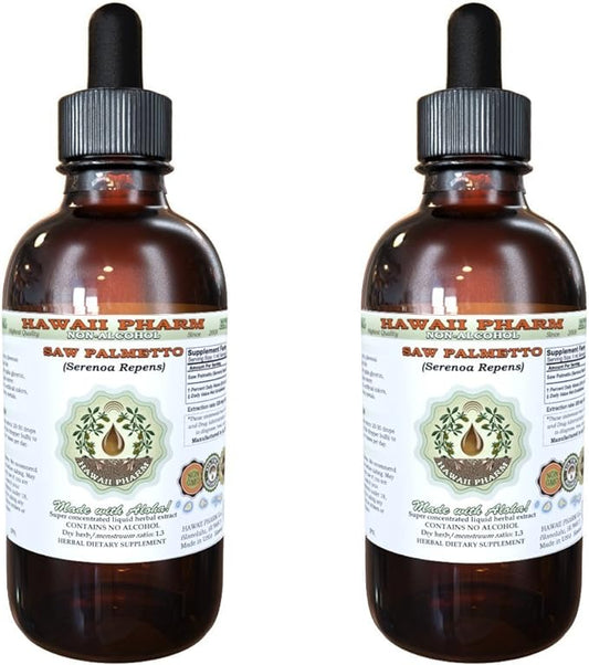 Hawaii Pharm Saw Palmetto Alcohol-Free Liquid Extract, Organic Saw Palmetto (Serenoa Repens) Dried Berry Glycerite Natural Herbal Supplement, USA 2x4 fl.oz