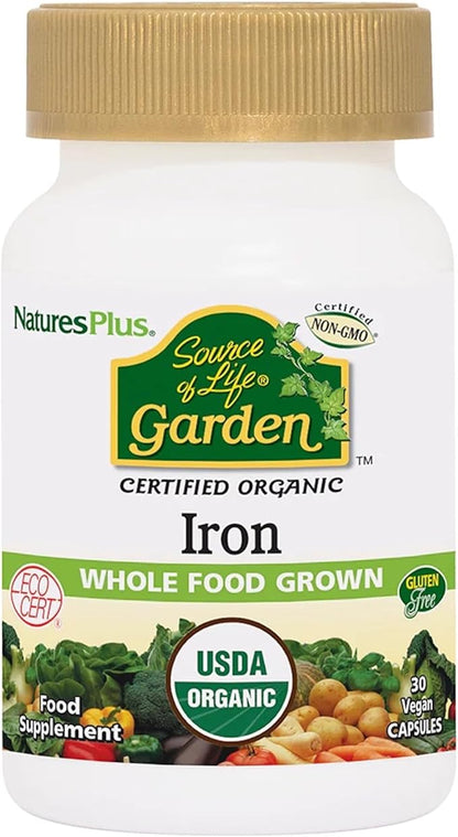 NaturesPlus Source of Life Garden Certified Organic Family Iron 18 mg Cap - 30 Vegan Capsules - Plant-Based Iron Supplement - Supports Healthy Blood - Vegetarian, Gluten-Free - 30 Servings