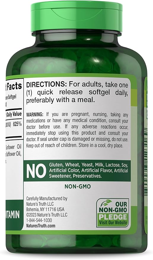 Nature's Truth Vitamin D3 5000 IU | 400 Softgels | High Potency | Non-GMO & Gluten Free Supplement