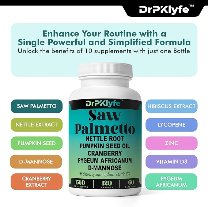 Saw Palmetto Herbal Capsule Complex with Nettle Root, Pumpkin Seed Oil, Cranberry, Pygeum Africanum and D- Mannose- 1560 mg – Bladder and Prostate Health.