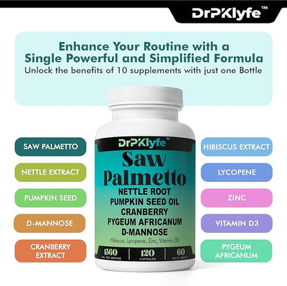 Saw Palmetto Herbal Capsule Complex with Nettle Root, Pumpkin Seed Oil, Cranberry, Pygeum Africanum and D- Mannose- 1560 mg – Bladder and Prostate Health.