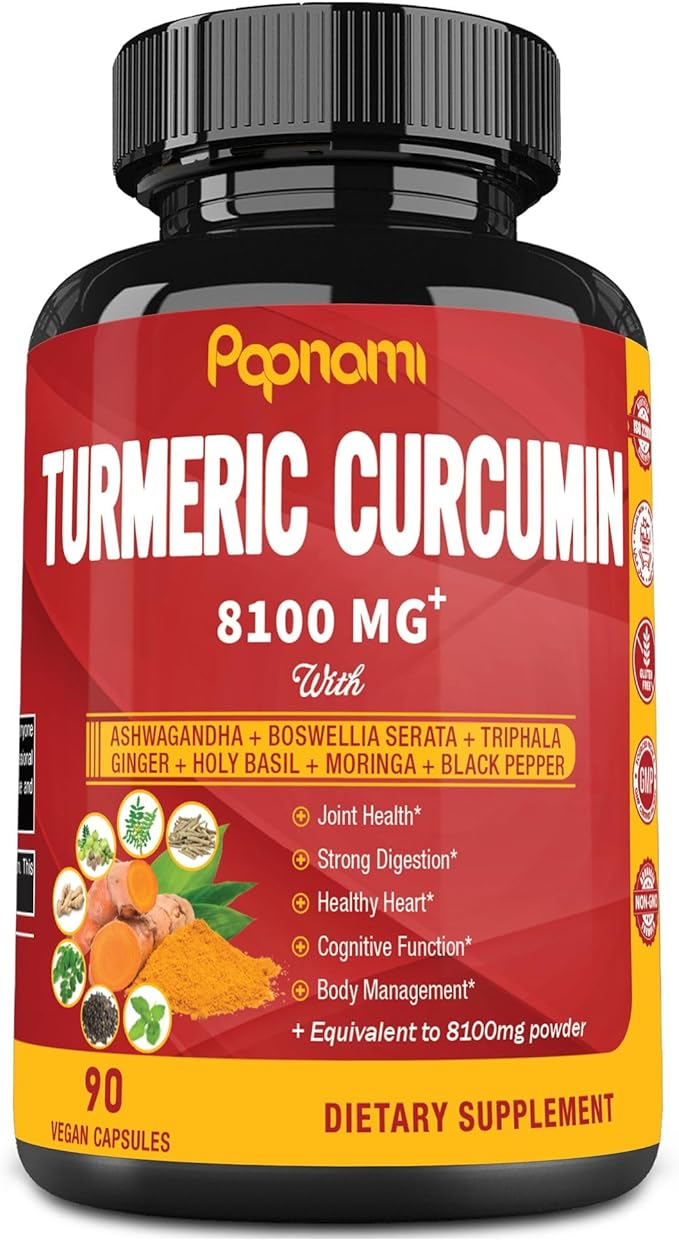 Turmeric Curcumin Extract Capsules - Equivalent to 8100mg - 90 Counts 3 Month Supply - Blended Ashwagandha, Moringa, Ginger & More - Immunity, Joint, Digestive & Wellness Support