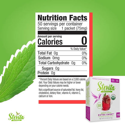 STEVITA Organic Stevia Extra Sweet - 50 Packets - All-Natural, No Calorie Sweetener - USDA Organic, Non-GMO, Vegan, Kosher, Keto, Paleo, Gluten Free - 50 Servings