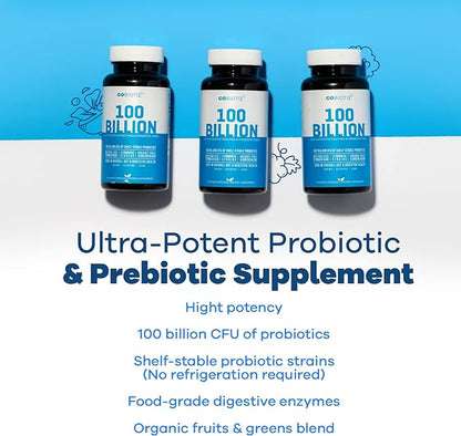 100 Billion - Probiotics and Prebiotics Supplement Pills - Digestive Enzymes and Prebiotic Fiber Blend - 100 Billion CFU - Organic Fruit and Greens Blend - Vegan, Non GMO - 30 Capsules