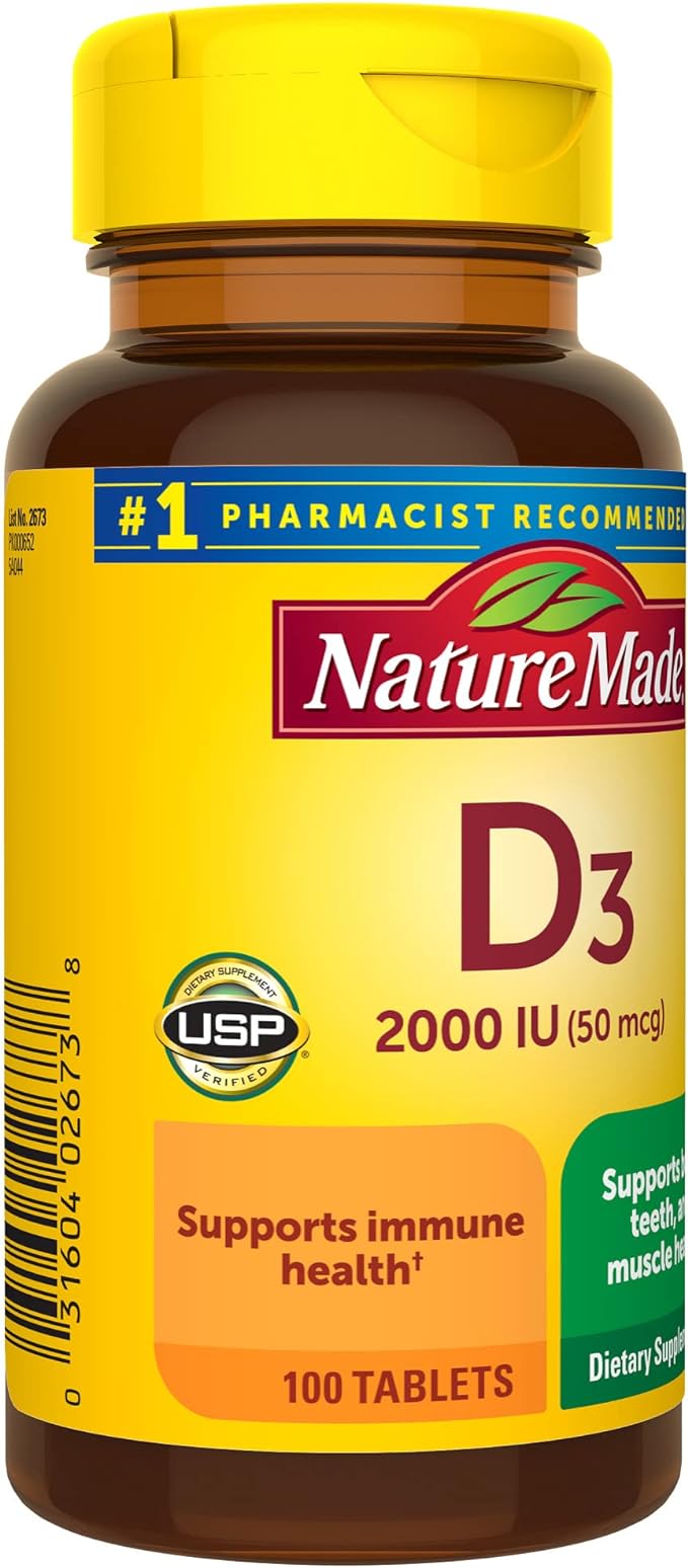 Nature Made Vitamin D3 2000 IU (50 mcg), Dietary Supplement for Bone, Teeth, Muscle and Immune Health Support, 100 Tablets, 100 Day Supply