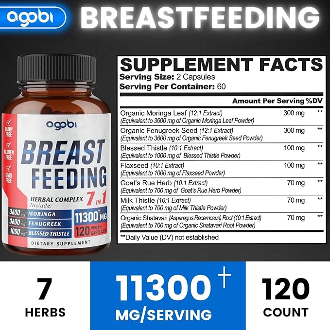 agobi Herbal Breastfeeding Supplements 11300mg Equivalent - 7in1 Blended Moringa Leaf, Fenugreek, Blessed Thistle & More for Women's Milk Encouragement 120 Vegan Capsules for 2 Months