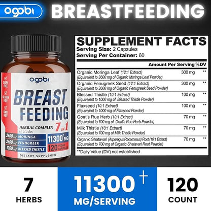 agobi Herbal Breastfeeding Supplements 11300mg Equivalent - 7in1 Blended Moringa Leaf, Fenugreek, Blessed Thistle & More for Women's Milk Encouragement 120 Vegan Capsules for 2 Months