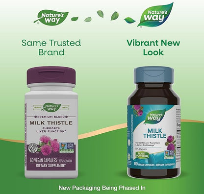 Nature's Way Milk Thistle, Supports Liver Function & Detox Pathways*, 175 mg Milk Thistle Seed Extract Standardized to 80% Silymarin per Serving, Vegan, 60 Capsules (Packaging May Vary)