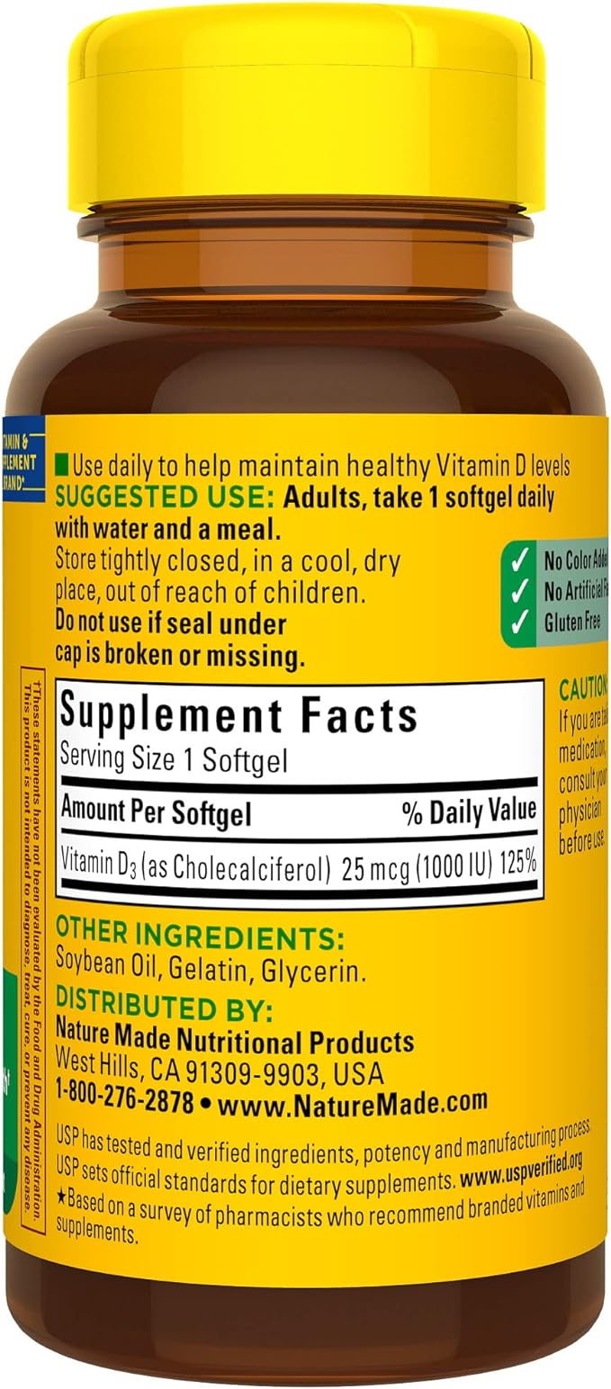 Nature Made Vitamin D3 1000 IU (25 mcg), Dietary Supplement for Bone, Teeth, Muscle and Immune Health Support, 100 Softgels, 100 Day Supply