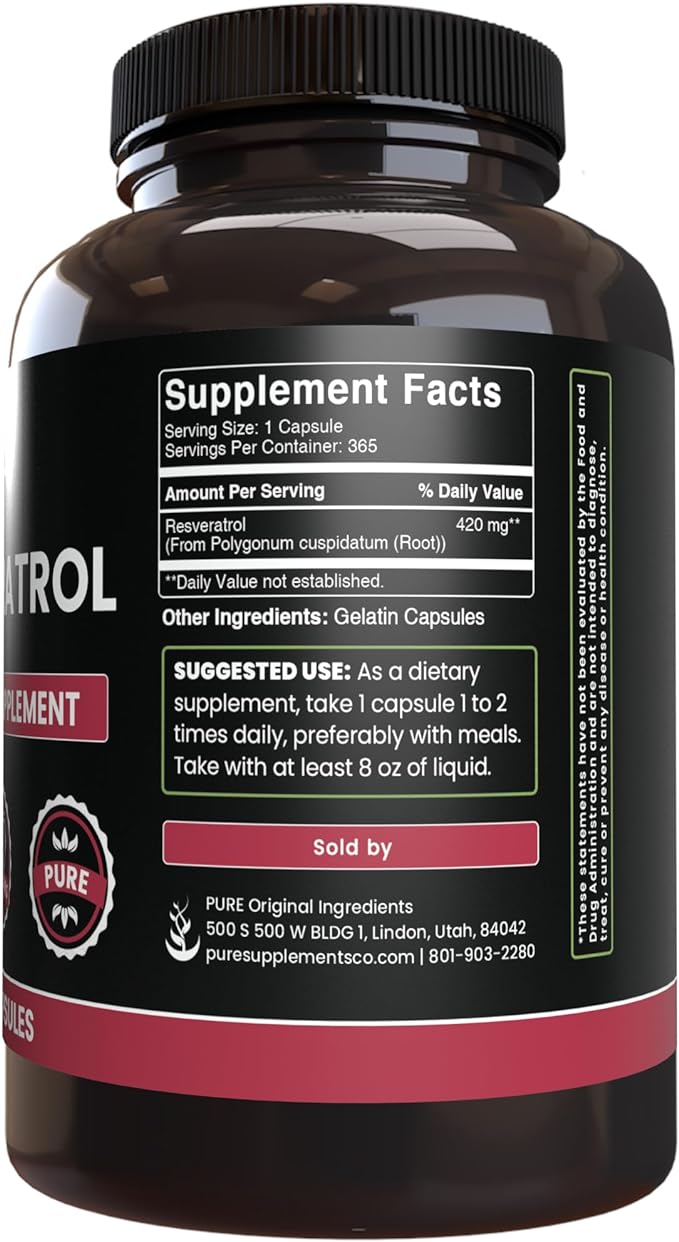 PURE ORIGINAL INGREDIENTS Resveratrol, (365 Capsules) No Magnesium Or Rice Fillers, Always Pure, Lab Verified