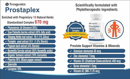 Trexgenics PROSTAPLEX Advanced Prostate Health with beta-sitosterol, Saw Palmetto Stinging Nettle pygeum Pumpkin Turmeric Quercetin lycopene Selenium Vitamin D3 Zinc Boron and K2-7 (60 Veg Capsules)