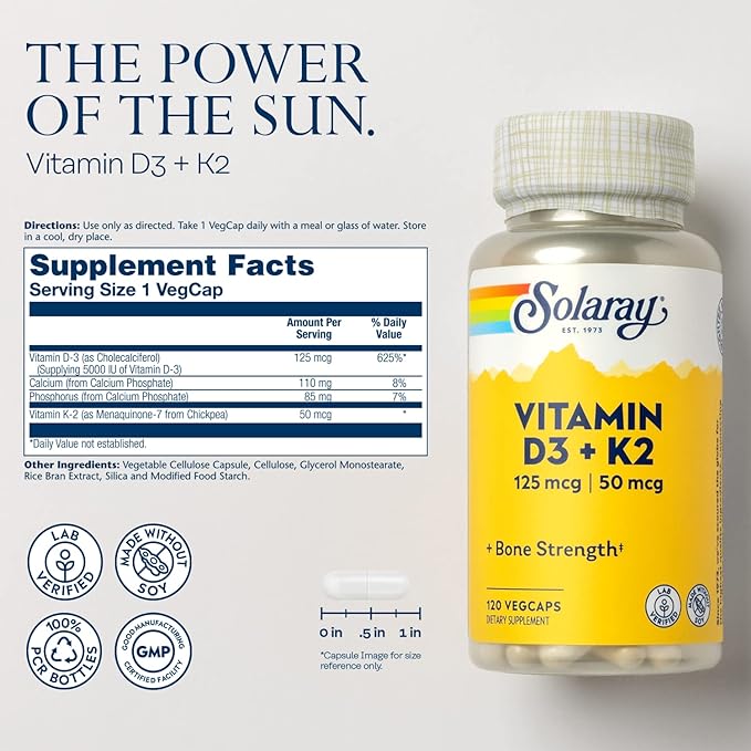 SOLARAY Vitamin D3 + K2, D & K Vitamins for Calcium Absorption and Support for Healthy Cardiovascular System & Arteries, Non-GMO & No Soy (120 Servings, 120 VegCaps)