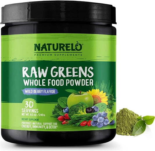 NATURELO Raw Greens Superfood Powder (Wild Berry, 30 Servings (Pack of 1))