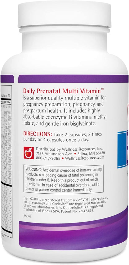 Wellness Resources Daily Prenatal Multi Vitamin - High Absorption Methyl Folate, Coenzyme B Vitamins, Iron Bisglycinate (120 Capsules)