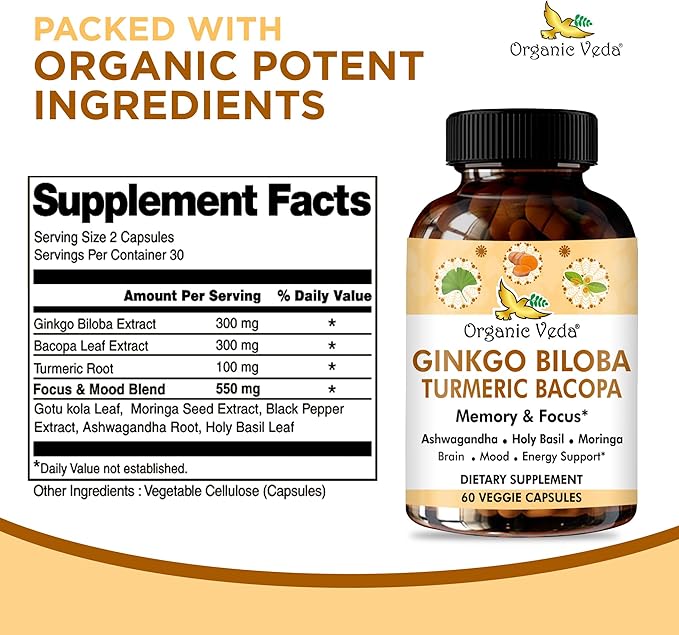 Organic Veda Ginkgo Biloba Turmeric Bacopa Brain Supplements for Memory & Focus - Ginkgo Biloba Brain Booster Supplement with Ashwagandha, Holy Basil, Moringa - Improves Energy Level - 60 Capsules