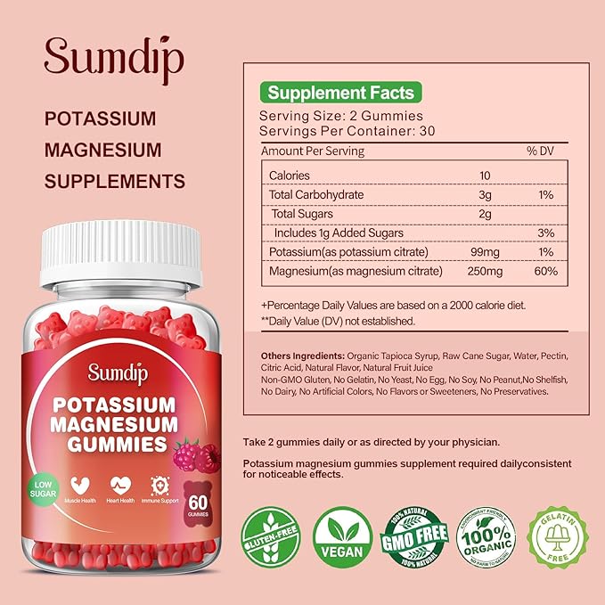 Potassium Magnesium Gummies Potassium Supplements High Absorption Potassium Citrate Magnesium Citrate, Support Leg Cramps Muscle Relaxation for Men and Women 60 Gummies, Raspberry