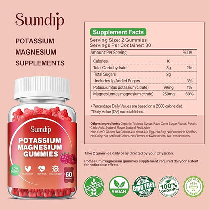 Potassium Magnesium Gummies Potassium Supplements High Absorption Potassium Citrate Magnesium Citrate, Support Leg Cramps Muscle Relaxation for Men and Women 60 Gummies, Raspberry