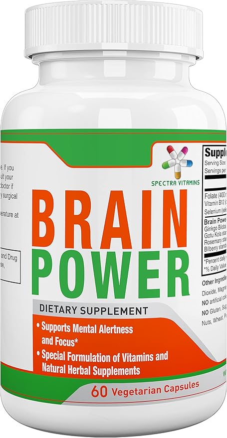 Brain Power, Supports Focus, Nootropics, Improves Memory, Alertness for Men & Women, Ginkgo Biloba, Gotu Kola, 60 capsules,