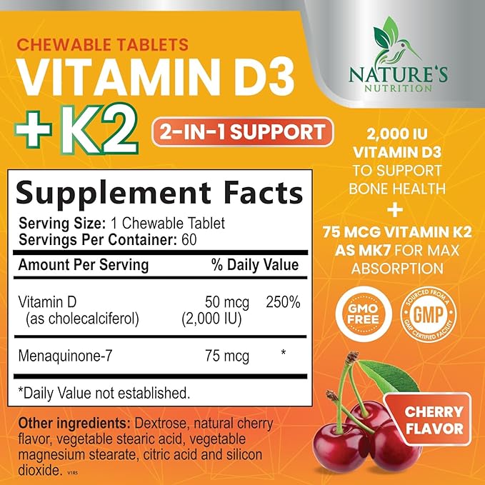 Vitamin D3 K2 as MK-7 with 2000iu of D3 & 75mcg K2, Vitamin K2 D3 Bone Strength Supplements Support Calcium Absorbtion for Teeth & Bone Health + Muscle & Immune Health Support - 60 Chewable Tablets