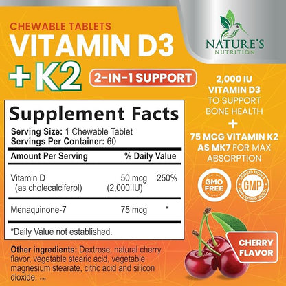 Vitamin D3 K2 as MK-7 with 2000iu of D3 & 75mcg K2, Vitamin K2 D3 Bone Strength Supplements Support Calcium Absorbtion for Teeth & Bone Health + Muscle & Immune Health Support - 60 Chewable Tablets